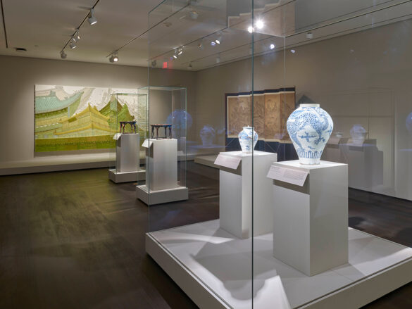 An installation photograph of contemporary and historical Korean art at the Museum of Fine Arts, Houston.