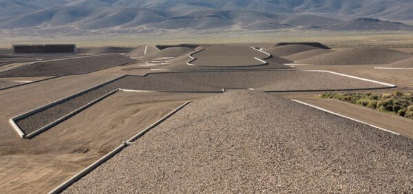 Aerial view of Michal Heizer "City" located in the Las Vegas Desert