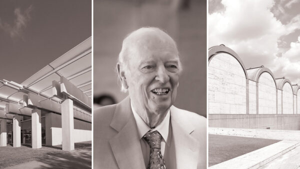 A photograph of businessman and philanthropist Ben Fortson alongside images of the Kimbell Art Museum. 