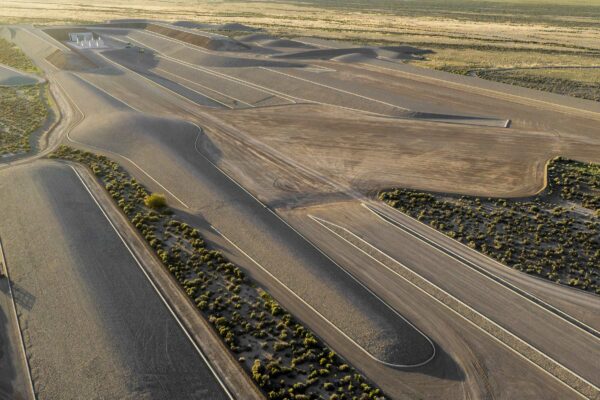 Aerial view of Michal Heizer "City" located in the Las Vegas Desert