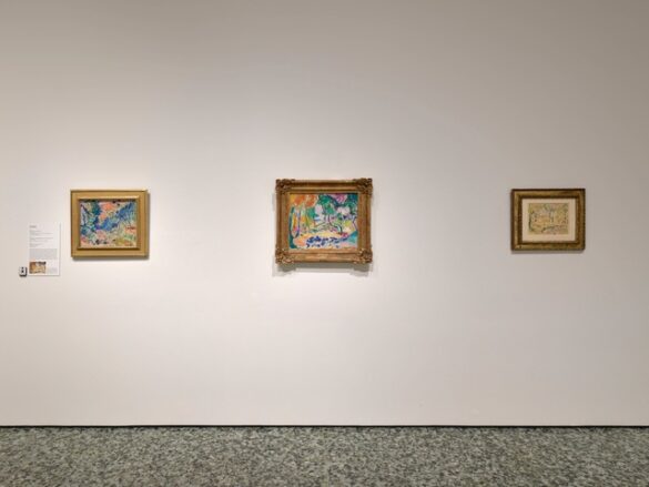 Three fauvist paintings hang on the wall of a museum.