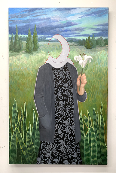 A work of art by Jean Wilkey featuring a faceless figure in a field holding a white flower.