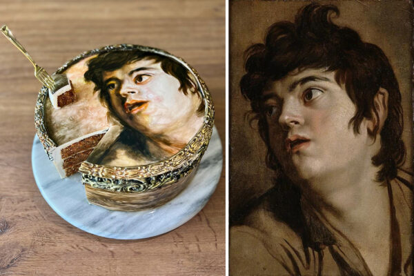 A side-by-side comparison of a cake by Karen Saenz and a painting by Peter Paul Rubens.