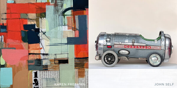 Side-by-side photographs of artworks by Karen Freeman and John Self.