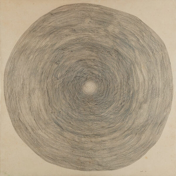 A round abstract drawing replicating the rings of a redwood tree.