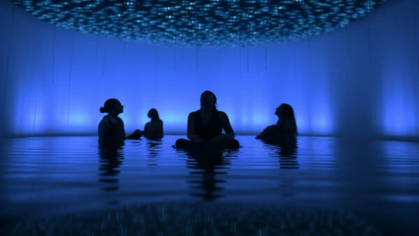 A digital rendering of a spa featuring blue lights.
