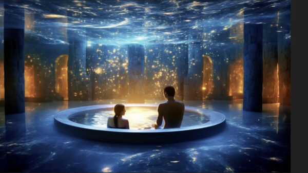 A digital rendering of two people sitting in a circular spa with glowing lights around them.