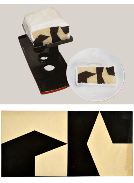 A photograph of a layer cake that resembles a work of art by Lygia Clark. 