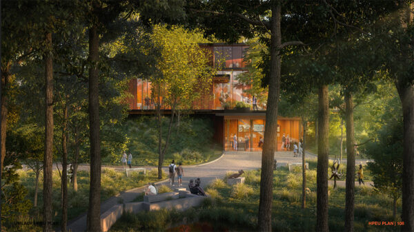 A rendering of a proposed new building, the Treehouse, as part of the UMLAUF Sculpture Garden + Museum's HPEU Plan.