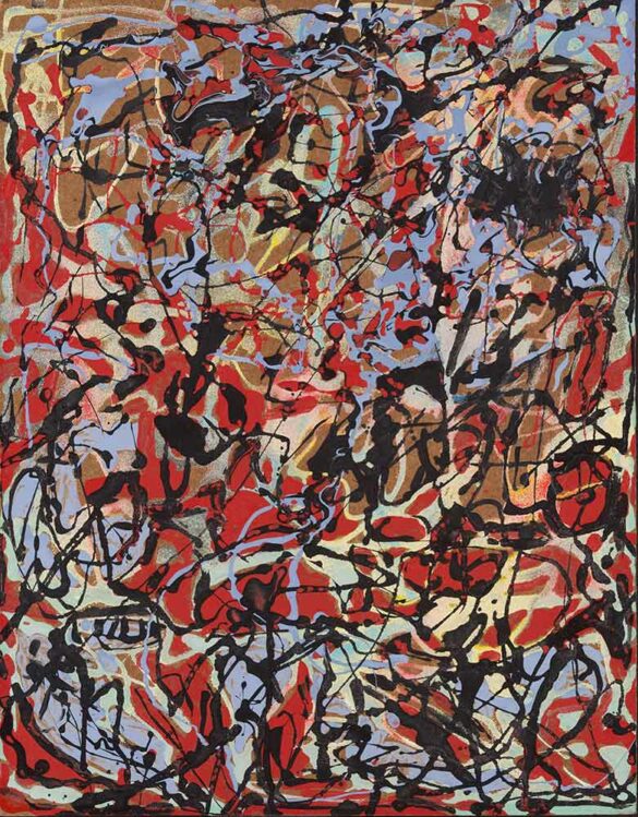 A non-figurative abstract painting with red and black drips.