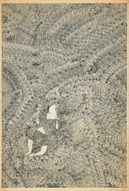An intricately patterned drawing of a baby asleep on a blanket.