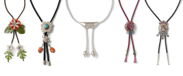 Image of five bolo ties of different colors and details