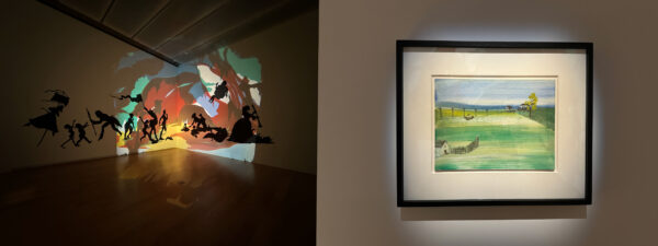 Side-by-side images of a projection and painting by Kara Walker.