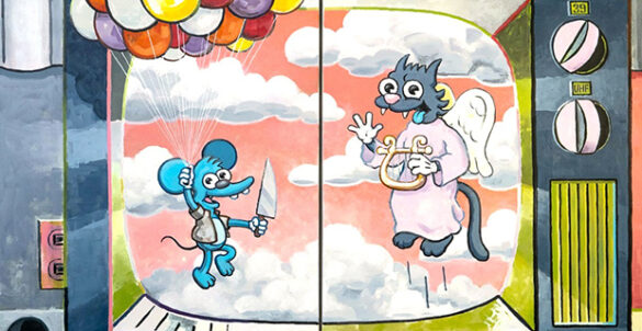 An artwork featuring Itchy and Scratchy from The Simpsons show.