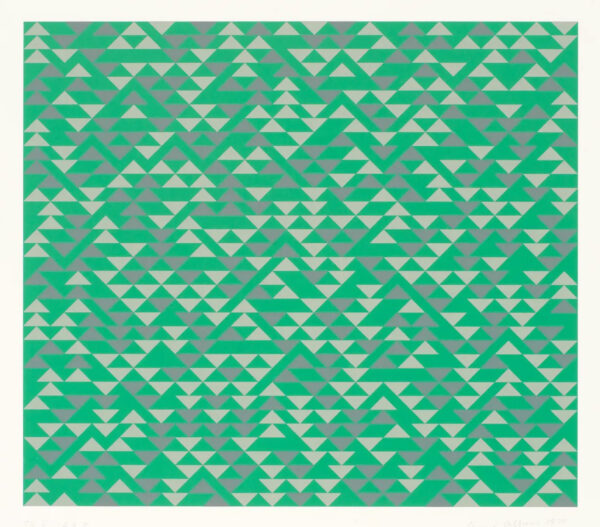 An abstract screen-print consisting of green and white triangles.
