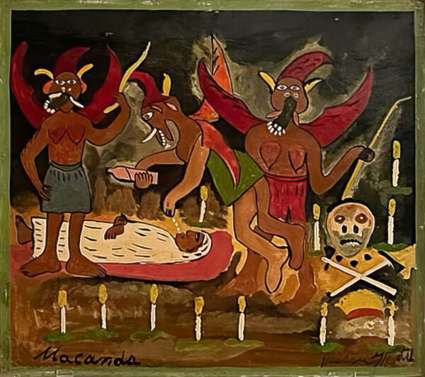 A painting by Hector Hyppolite of an ill person receiving care from mystical creatures.