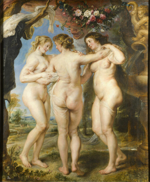 Classical painting of three nude women