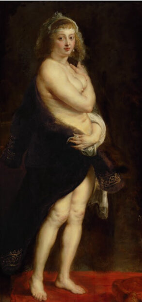 Painting of a nude woman holding fabric around her waist