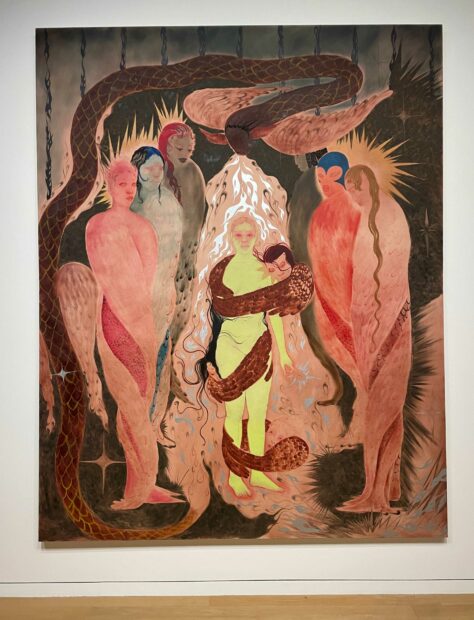 Photo of a large scale painting of figures surrounded by a snake