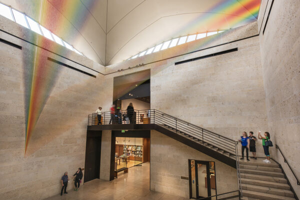 An installation image of a large-scale site-specific installation by Gabriel Dawe at the Amon Carter Museum of American Art.
