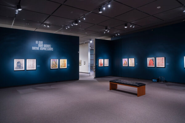 An installation image of the exhibition "In Our Own Words: Native Impressions" at the Amon Carter Museum of American Art. 
