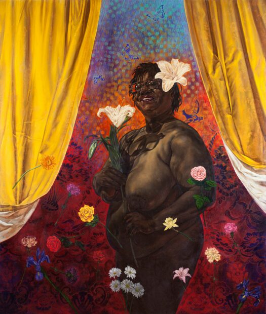 Painting of a nude woman holding flowers