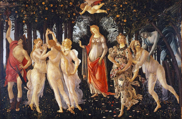 Classical painting of female muses in a forest