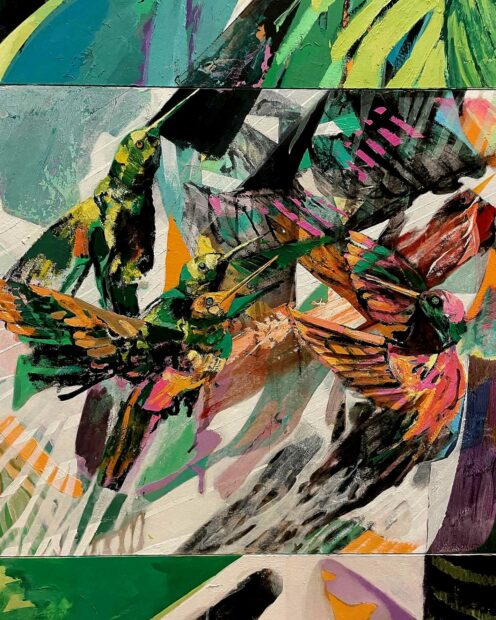 Detail of a mixed media painting of hummingbirds