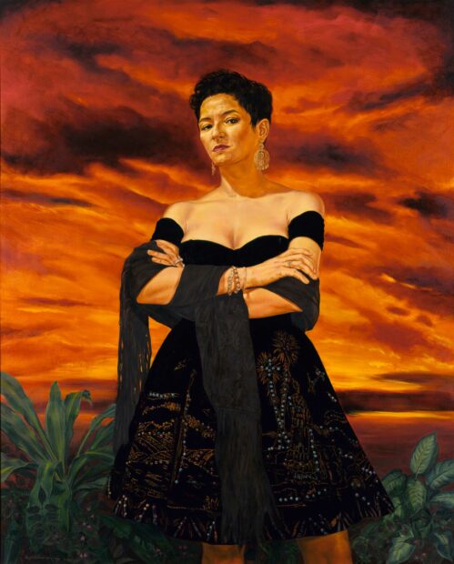 Painting of a woman standing with her arms crossed in a landscape