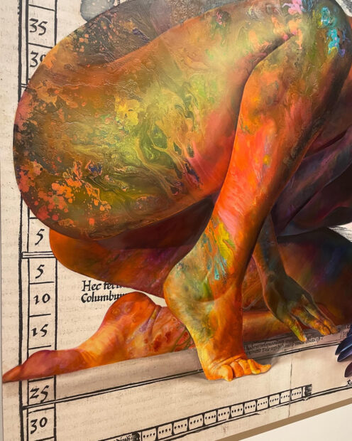 Detail of the legs and hamstrings of a figure in a painting