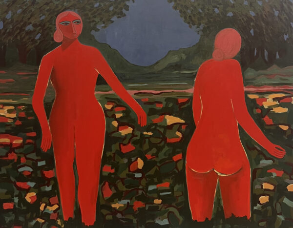 A painting by Alenxadra Valenti featuring two red figures walking through a garden. 