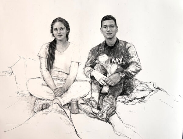 A charcoal drawing by Adrian Aguirre featuring two young people from Venezuela.