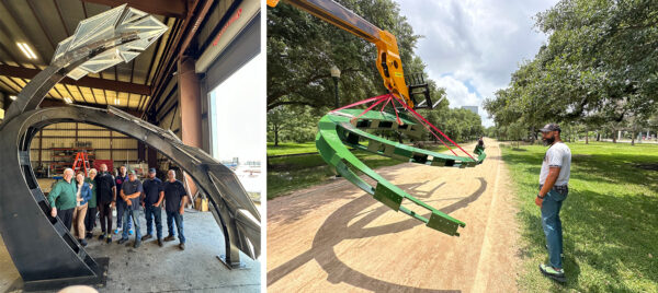 Photographs of a public art work by Anthony Suber being installed.