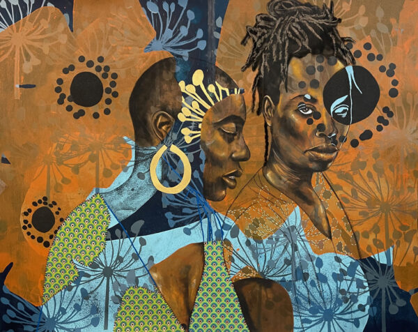 A mixed-media print work by Delita Martin featuring two Black women.