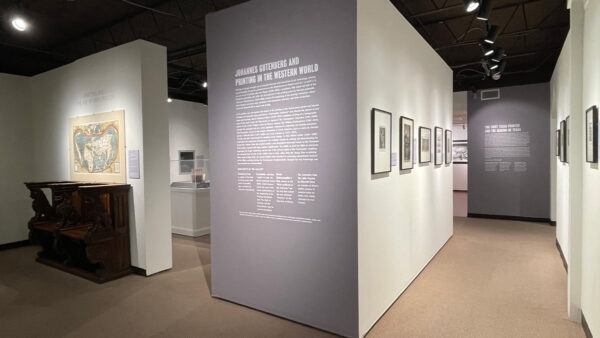 An installation photograph of The Printing Museum's Gutenberg Gallery.