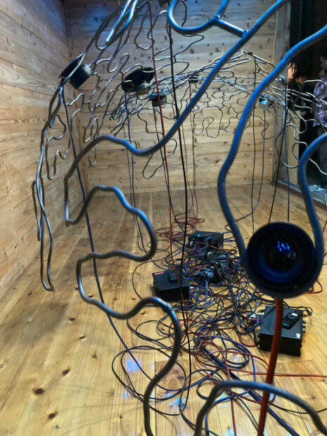 An image of an audio-sculpture by Miguel Sbastida installed inside a wooden shed, comprised of shaped iron rods, audio cables, and speakers.