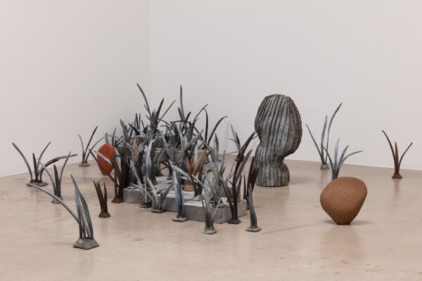 An installation photograph featuring sculptures of cacti and other desert plants.
