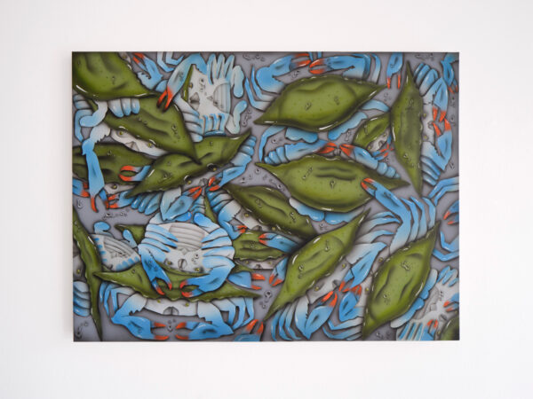 Painting of a pile of green crabs with blue bellies and legs