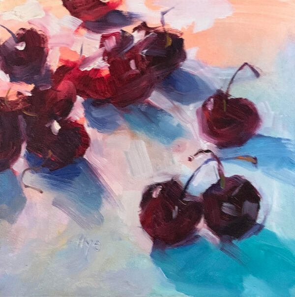An artwork by Lara Hye Coh featuring cherries sitting on a white surface.
