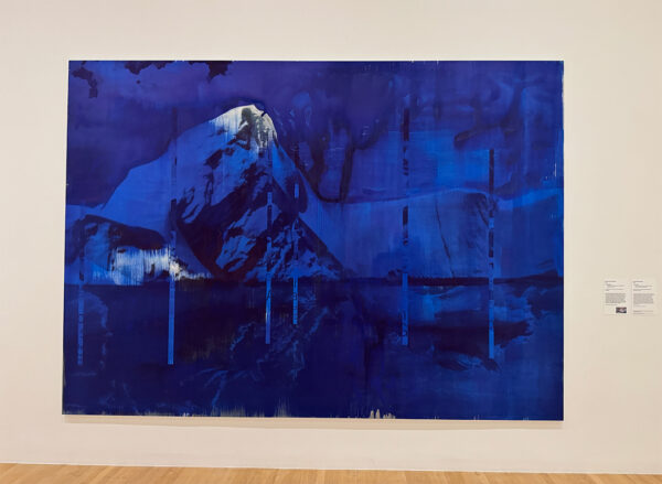 An installation image of a large mixed media work by Lorna Simpson featuring an iceberg.