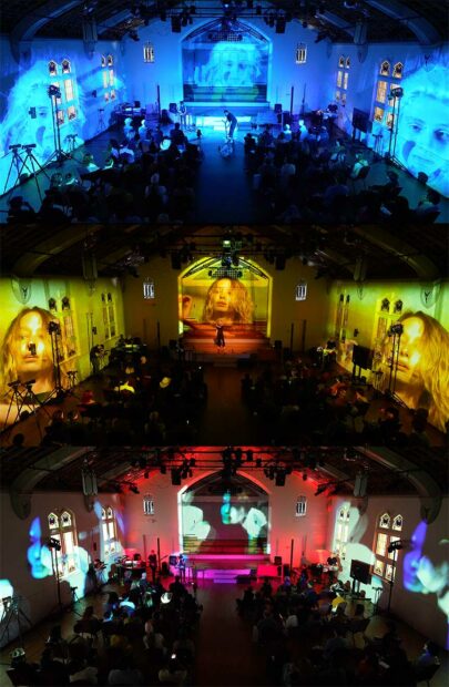 A Composite image of multiple performances inside a decommissioned church.