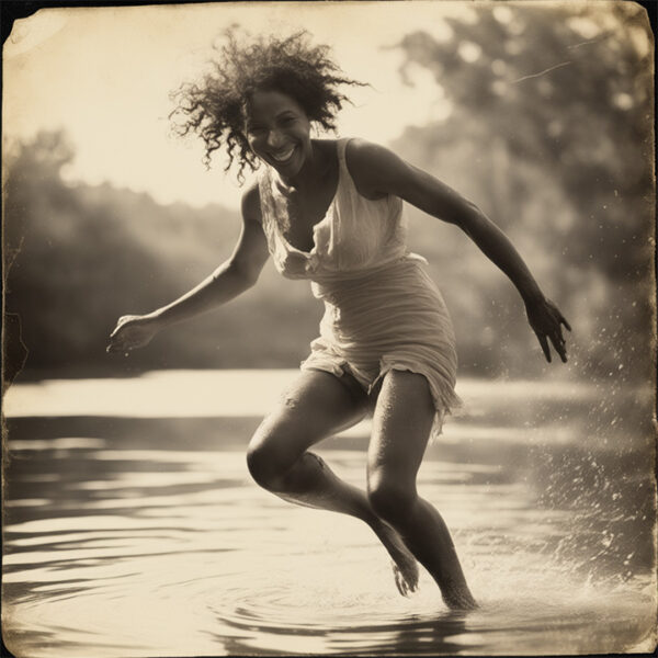 A black and white image of a woman standing in shallow water outdoors