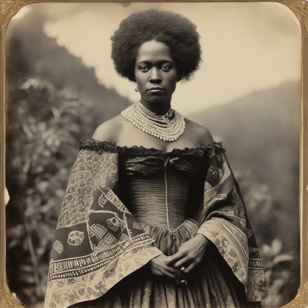 A black and white photographic portrait of a woman in 19th century clothes staring into the camera.
