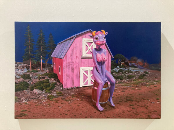 A painting of a pink anthropomorphic cow sitting on a barrel in front of an equally pink barn on a ranch.