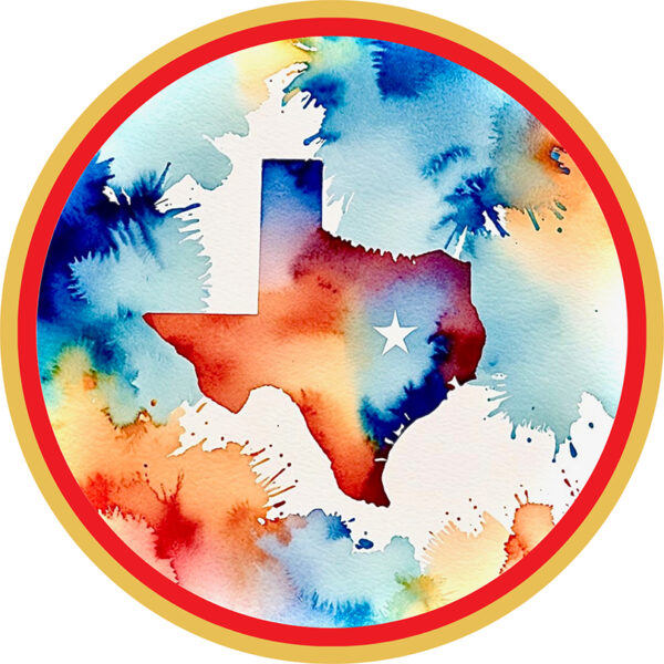 A logo for Texas Arts Advocacy Day 2024 featuring the state of Texas and splashes of red and blue.