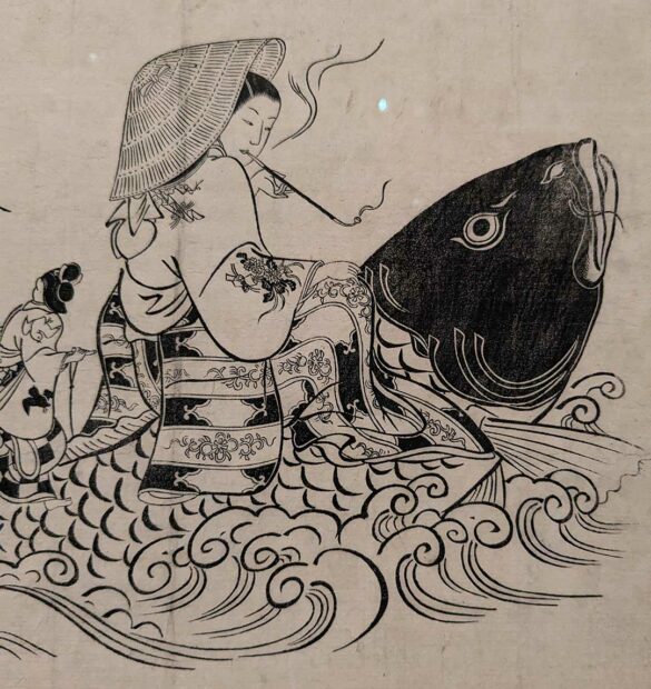 An Edo era woodblock print of a woman riding a giant fish.