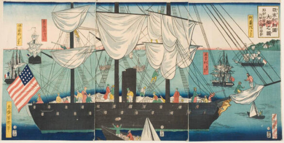 An Edo era woodblock print of a western ship with people on the deck.