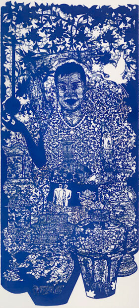 A photograph of an intricately cut paper portrait of a person surrounded by vases.