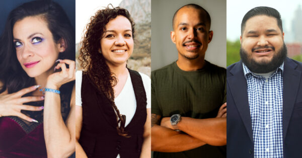 A row of side-by-side headshots of art administrators Cat Rodríguez, April Orci, Mario Mena, and Misael Alvarado.