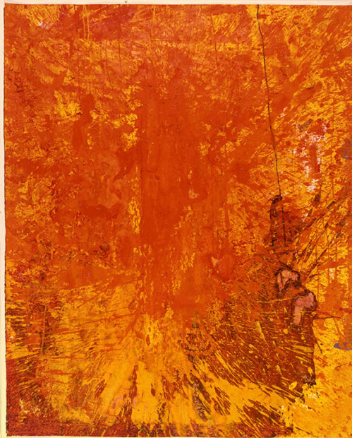 A highly saturated orange non-figurative abstract painting.